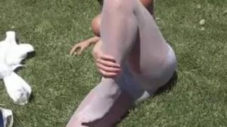 Analees wearing white sheer pantyhose